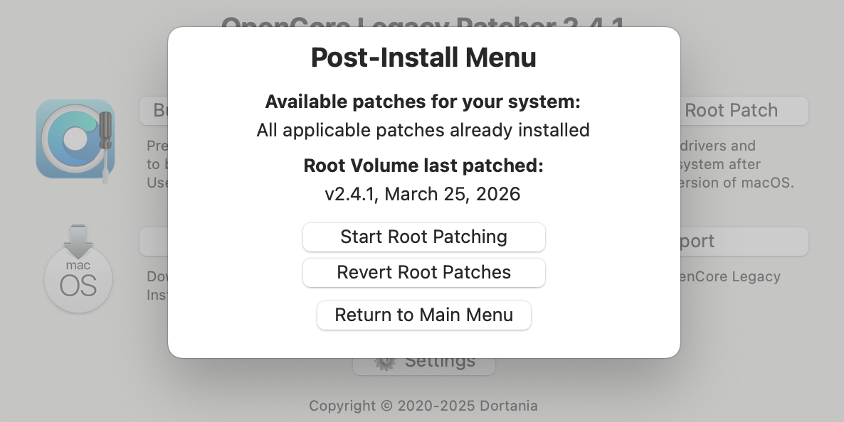 OCLP Post-Install Root Patch Menu