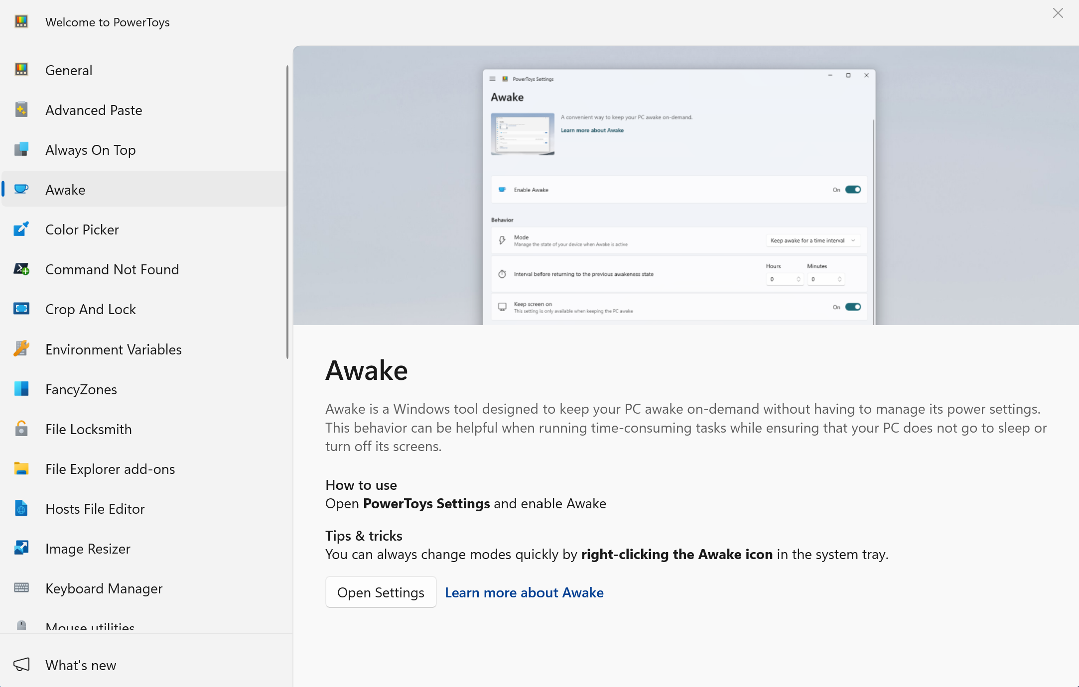 PowerToys Awake Option Location