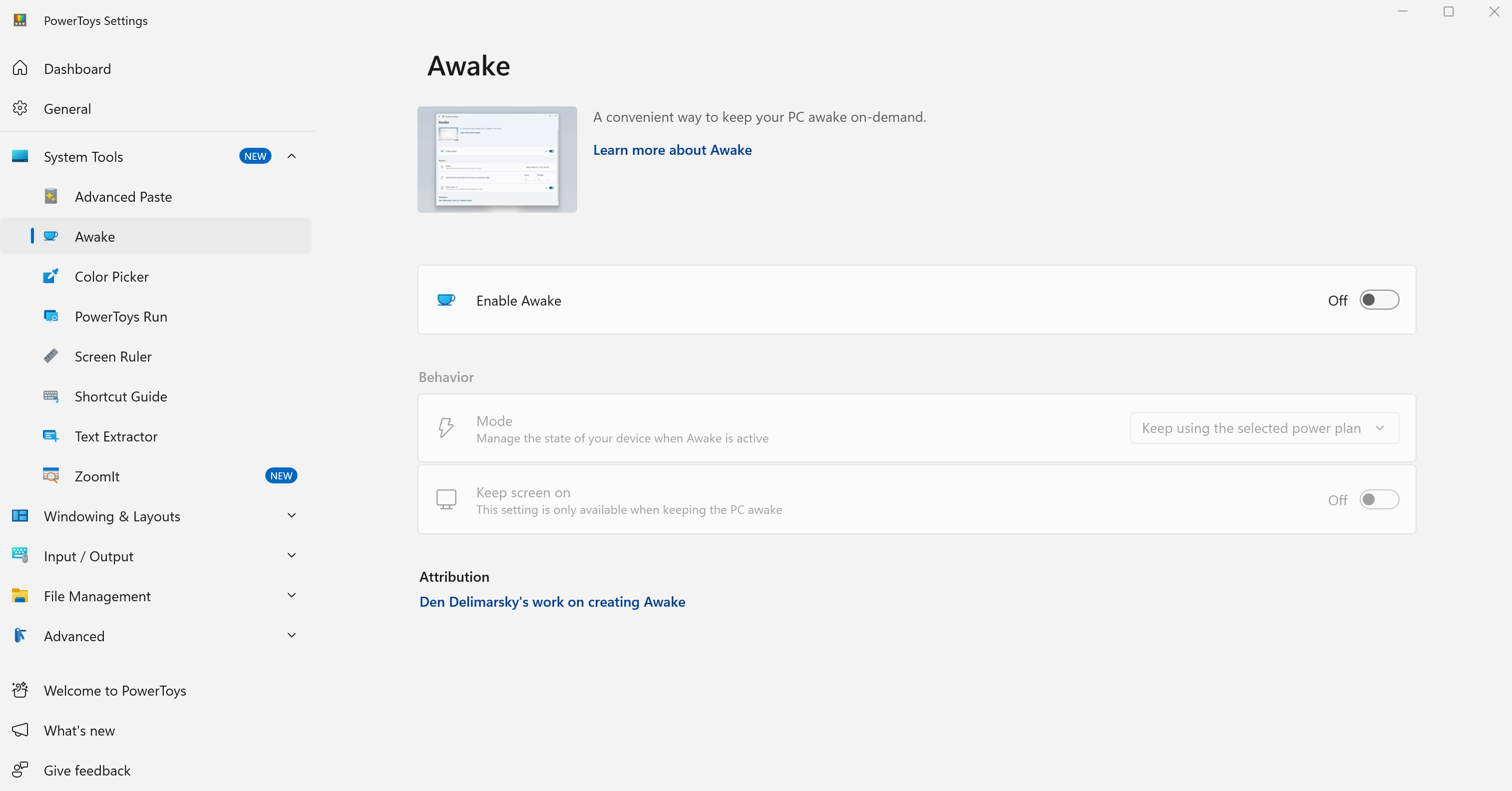 Default PowerToys Awake Settings