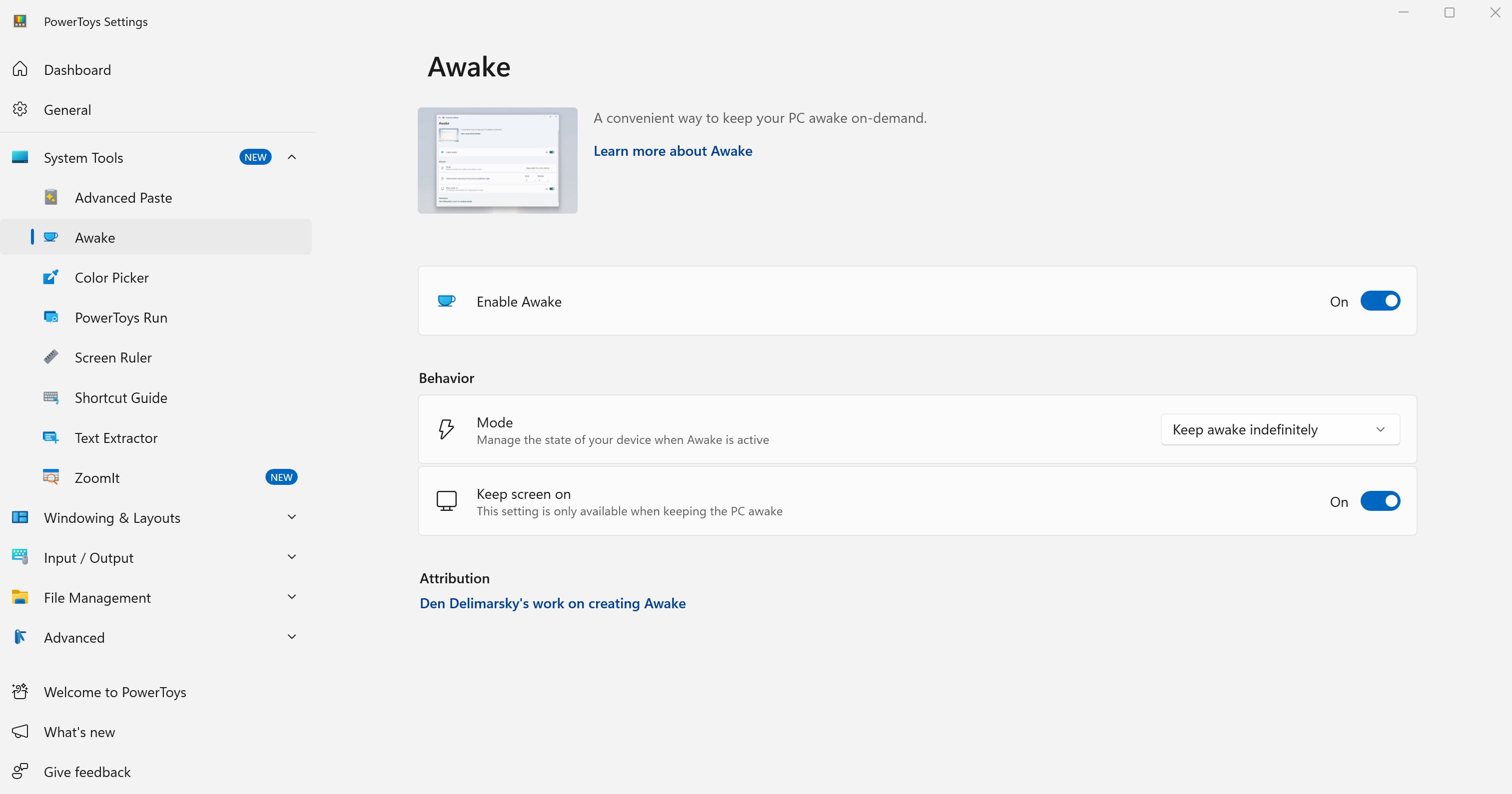 Properly Configured PowerToys Awake Settings